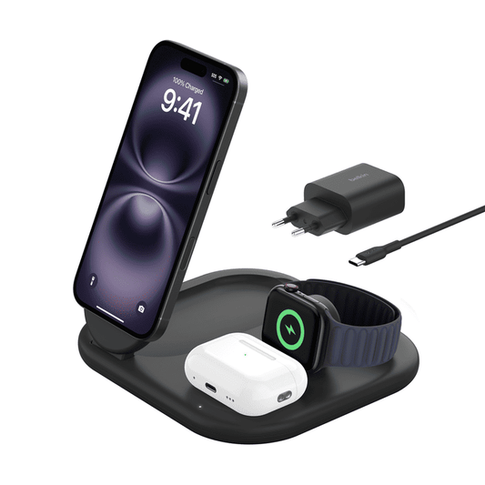 Belkin BoostCharge 3-in-1 Magnetic Charging Stand with Qi2 Fast Wireless Charging 15W - Black