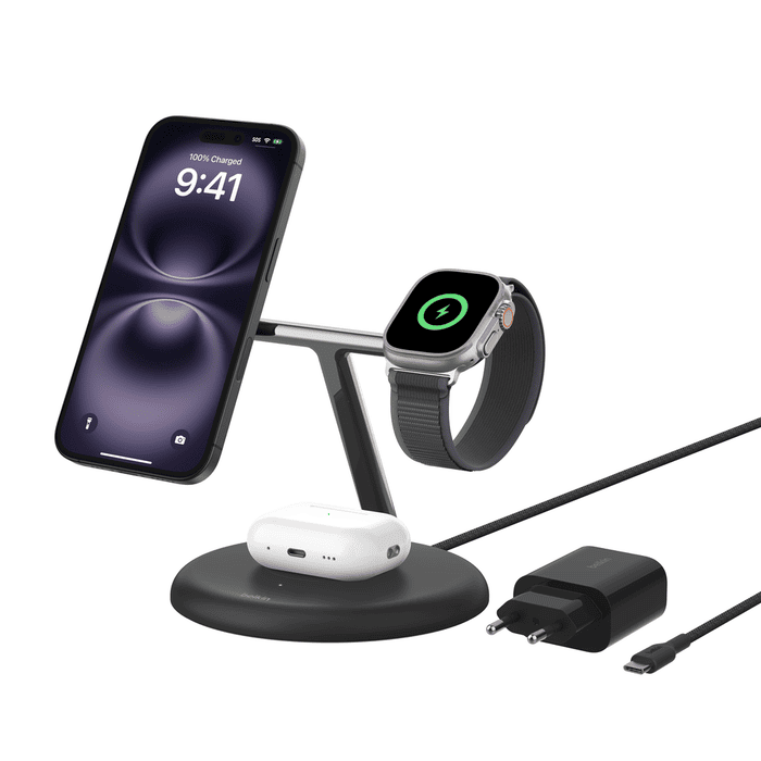 Belkin BoostCharge Pro 3-in-1 Magnetic Charging Stand with Qi2 Fast Wireless Charging 15W - Black