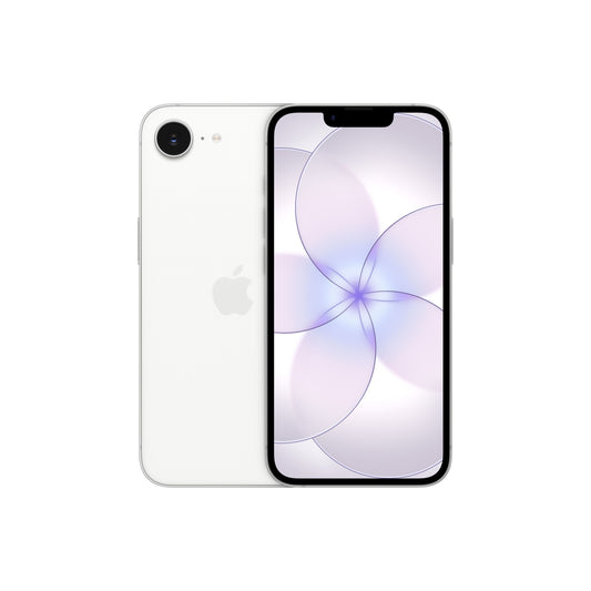 A white smartphone displayed from both the front and back, featuring a single-lens rear camera with an adjacent flash, a centered Apple logo, and a front display with a top notch and a light purple floral abstract wallpaper.