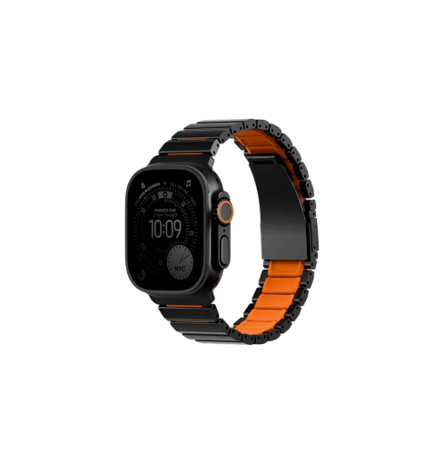 UNIQ STROVA FLEX APPLE WATCH SELF-ADJUSTABLE STEEL LINK BAND 49/46/45/44MM - MIDNIGHT BLACK/VOLT ORANGE