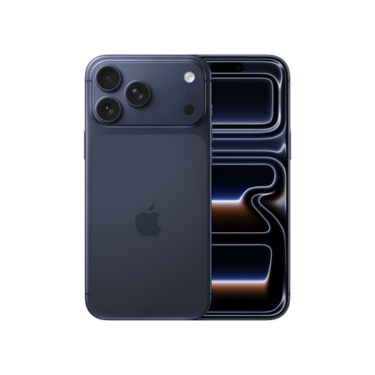 The Apple iPhone 17 Pro Max in Deep Blue, showing both the rear panel with its triple-lens camera module and the front display with a dark, abstract wallpaper.
