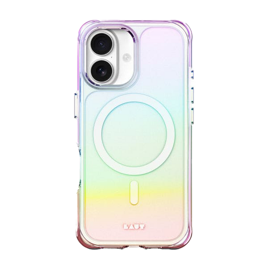 Rear view showcasing the multi-color shifting properties of the Laut AERO HOLO case for iPhone 17 in Holo Pearl at Tradeline.