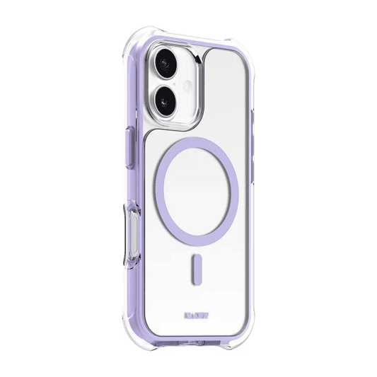 Side back view mapping out the protective dynamic bumper guards of the Laut AERO PROTECT iPhone 17 Light Purple cover from Tradeline Egypt.