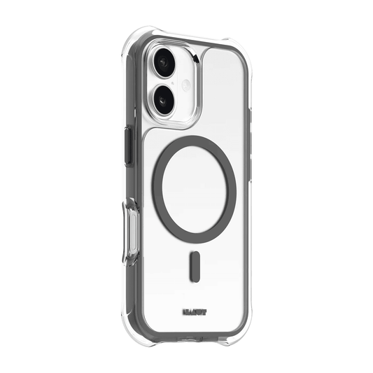 Side back layout detailing the responsive active buttons of the Laut AERO PROTECT iPhone 17 Shadow Grey smartphone cover from Tradeline Egypt.