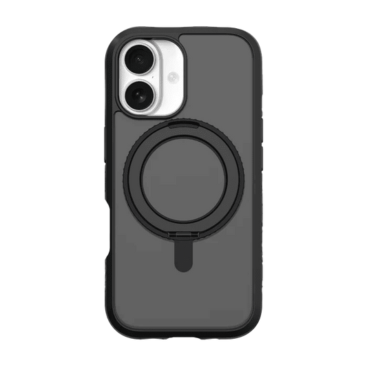 Diagrammatic back view showing the wireless charging compatibility of the Laut CARBON MATTER iPhone 17 Midnight case at Tradeline.