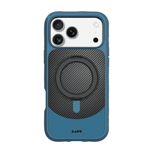 Rear view of the stylish Laut CARBON MATTER impact case for iPhone 17 Pro in Frozen Blue finish from Tradeline.