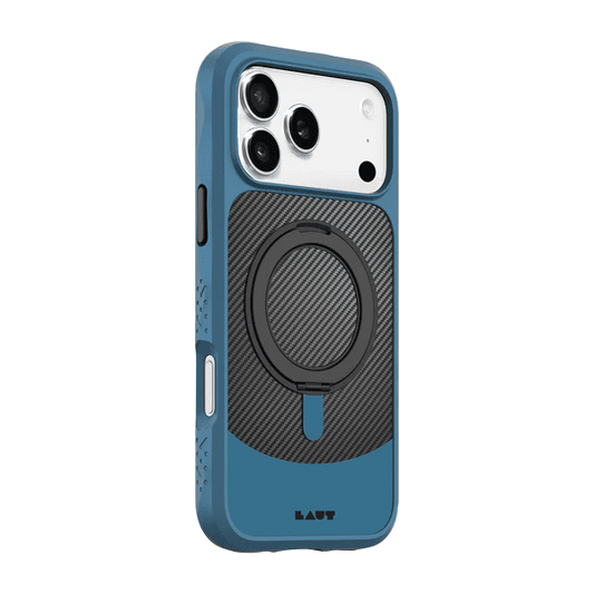 Side back profile view showing the dense shockproof border matrix on the Laut CARBON MATTER iPhone 17 Pro Frozen Blue case at Tradeline Egypt.