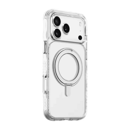 Side back view illustrating the transparent scratch-resistant structure of the Laut CARBON MATTER iPhone 17 Pro Max Crystal shell from Tradeline.