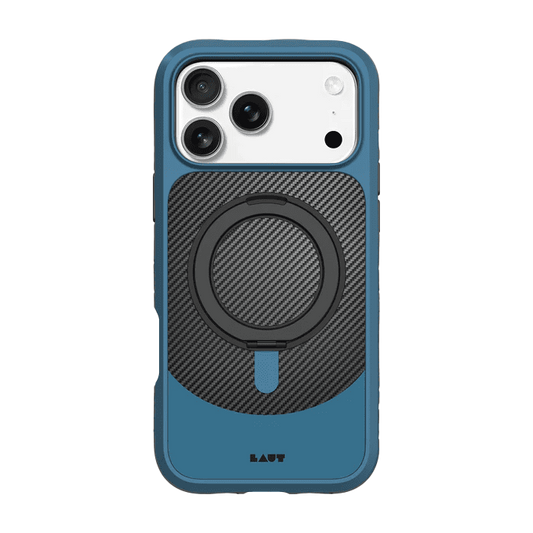 Rear view showcasing the distinct matte carbon plate on the Laut CARBON MATTER case for iPhone 17 Pro Max in Frozen Blue at Tradeline.