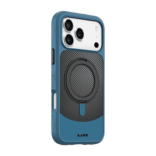 Side back profile showing the precise button overlays of the Laut CARBON MATTER iPhone 17 Pro Max Frozen Blue protective case from Tradeline.