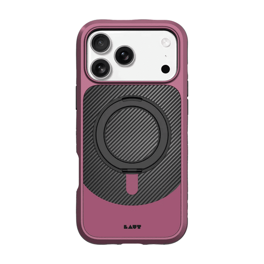 Rear view of the premium Laut CARBON MATTER case for iPhone 17 Pro Max in Wine Red showing the textured carbon fiber panel at Tradeline.