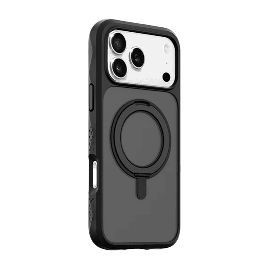Side back perspective detailing the slim form-fitting profile of the Laut CARBON MATTER iPhone 17 Pro Midnight phone skin from Tradeline Egypt.