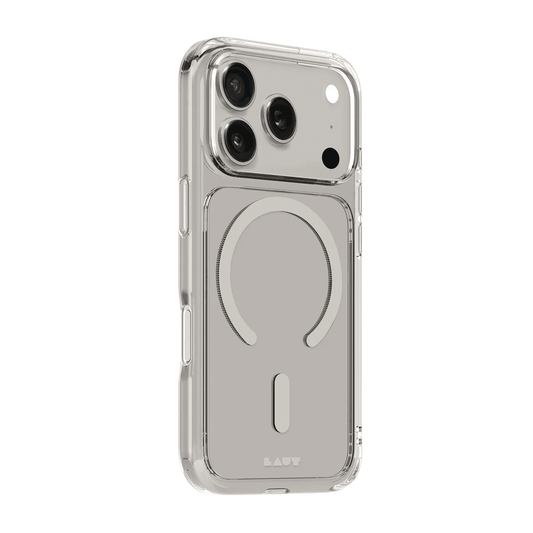 Side back view highlighting the responsive button overlays on the Laut CRYSTAL FLURO iPhone 17 Pro Clear Light Grey protective case from Tradeline Egypt.