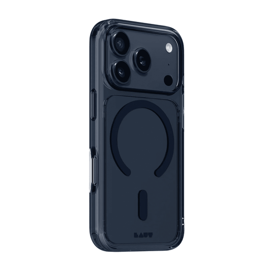 Side back perspective detailing the sleek corner cushions of the Laut CRYSTAL FLURO iPhone 17 Pro Clear Midnight case available at Tradeline Egypt.