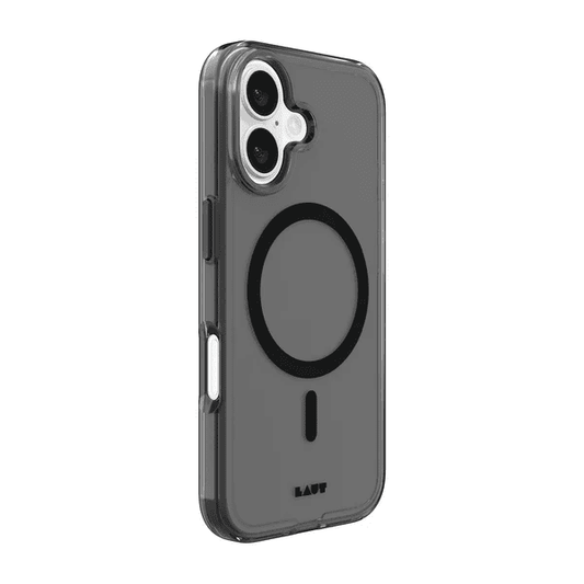 Side bezel view detailing the slim drop protection of the Laut CRYSTAL-M case for iPhone 16 Black Crystal at Tradeline.