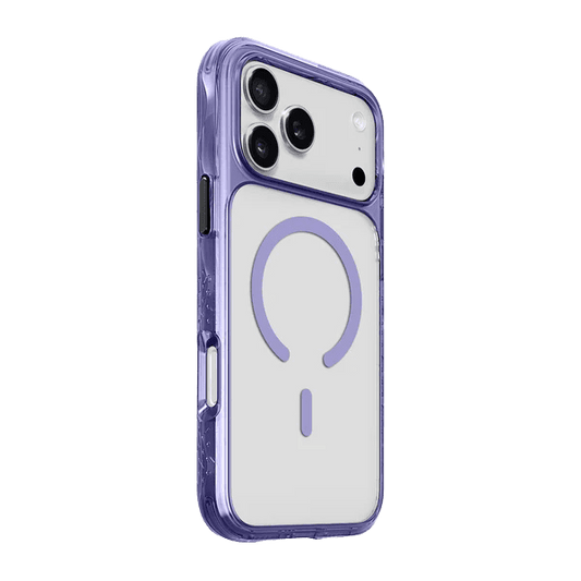 Back side profile view highlighting the reinforced bumper edges of the Laut CRYSTAL MATTER X iPhone 17 Pro Purple Crystal case from Tradeline Egypt.