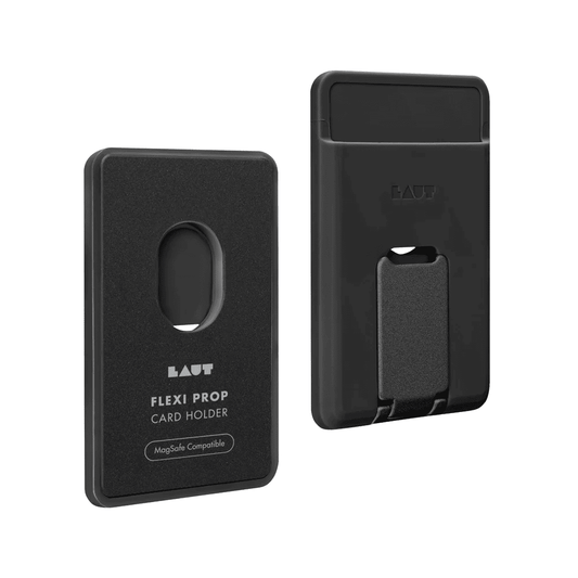 Front and back view of the sleek LAUT FLEXI PROP MagSafe compatible wallet card holder in Black available at Tradeline.