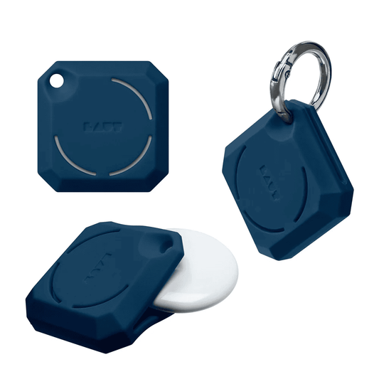 use case view highlighting the durable shell of the LAUT HUEX GEM companion loop for AirTag Blue at Tradeline.