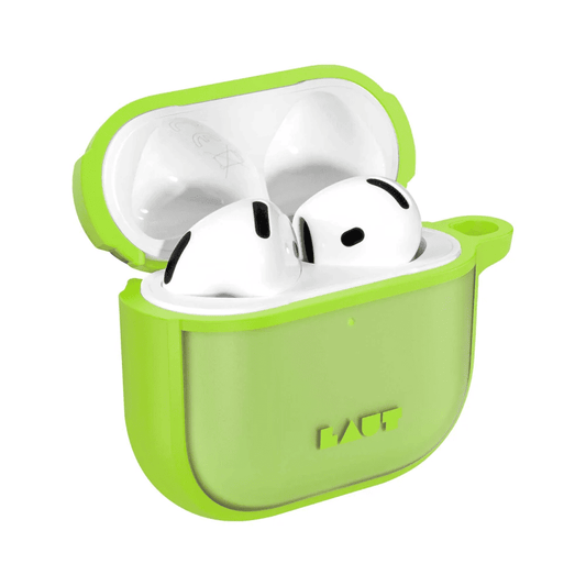 Side profile detailing the precise charging port cutout of the LAUT HUEX PROTECT AirPods 4 Neon Green cover at Tradeline.