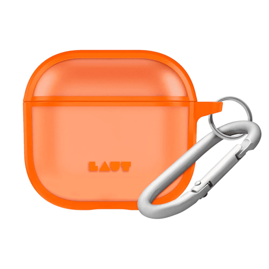 Front view of the vibrant LAUT HUEX PROTECT case for AirPods 4 in Neon Orange available at Tradeline.