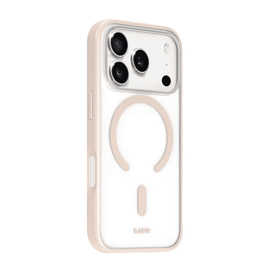 Slim side profile detailing corner reinforcement on the Laut HUEX PROTECT case for iPhone 17 Pro Max Beige Gold at Tradeline.