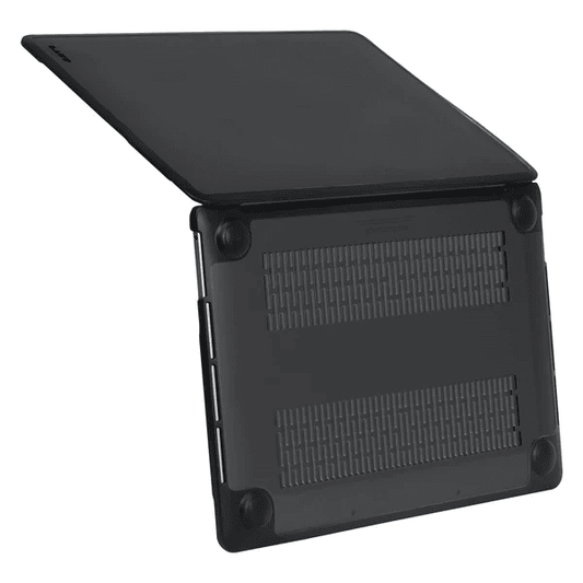 Three-quarter open perspective of the matte texture LAUT HUEX PROTECT case for MacBook Air 13-inch 2023/2021 Frost Black at Tradeline Egypt.
