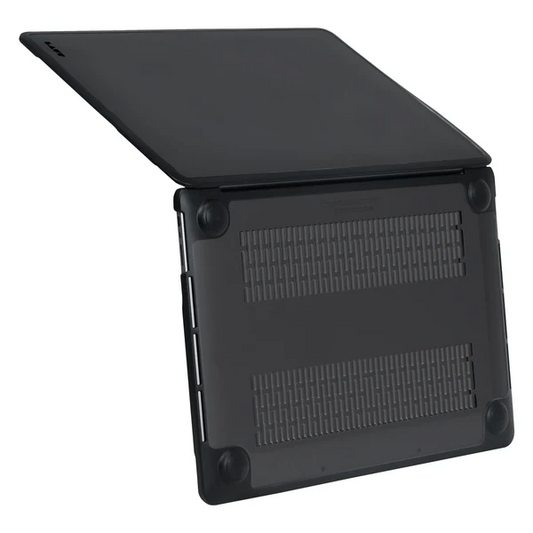 Open angled view showcasing the form-fitting LAUT HUEX PROTECT hardshell case for MacBook Pro 16-inch 2023/2021 in Frost Black at Tradeline Egypt.