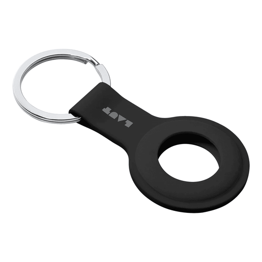 Isometric perspective view of the shockproof LAUT HUEX TAG silicone case for AirTag in Black at Tradeline.