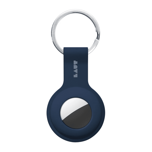 Front view of the protective silicone LAUT HUEX TAG case for AirTag in Navy available at Tradeline.