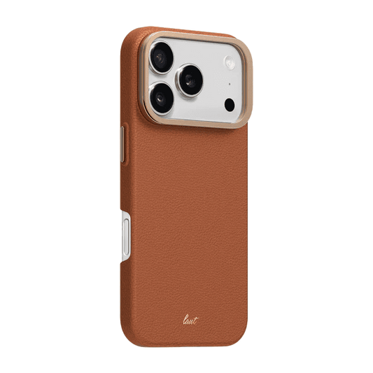 Back side view demonstrating the raised lip protection surrounding the camera array on the Laut LUXEDGE iPhone 17 Pro Max Luxe Brown case from Tradeline Egypt.