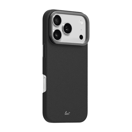 Back side perspective showing the ergonomic frame structure of the Laut LUXEDGE iPhone 17 Pro Max Slate Black shockproof cover from Tradeline Egypt.