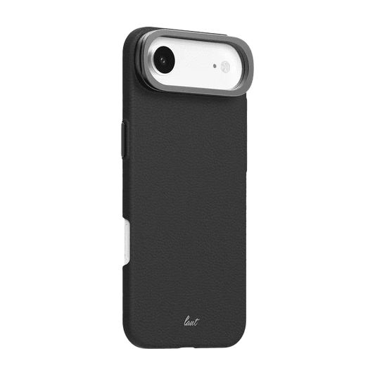 Back side profile view highlighting the metallic rim and camera frame protection of the Laut LUXEDGE iPhone Air Slate Black case from Tradeline Egypt.