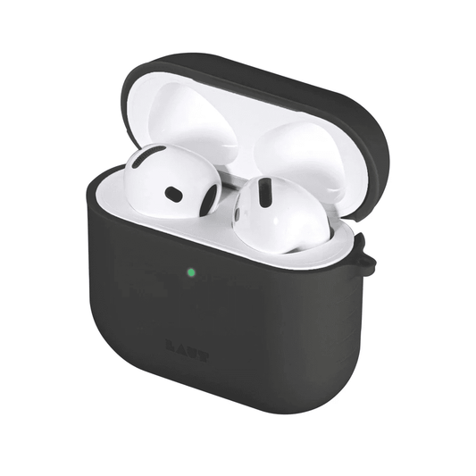 Open view detailing the precise molding and upper lid alignment of the LAUT POD case for AirPods 4 in Charcoal at Tradeline.