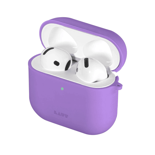 Open view of the protective silicone LAUT POD case for AirPods 4 in Lavander showing the charging case interior at Tradeline.