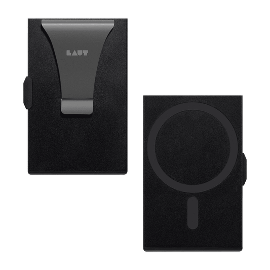 Front and back view of the premium LAUT SLIDER wallet card holder with MagSafe compatibility in Black available at Tradeline.