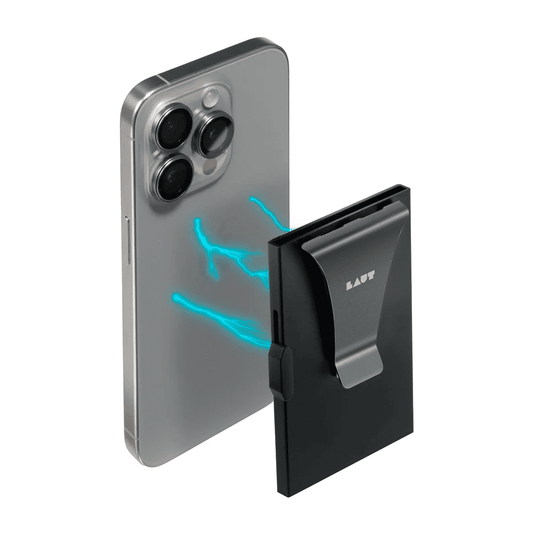 Rear view showing the strong internal magnet array on the LAUT SLIDER MagSafe card holder wallet Black from Tradeline Egypt.