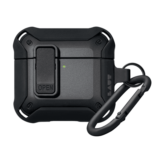 Closed front view of the rugged LAUT ZENTRY case for AirPods 4 in Black finish available at Tradeline.