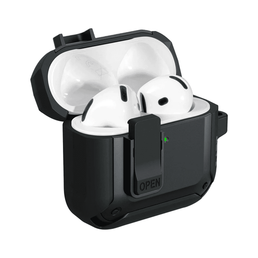 Open view displaying the internal layout and charging case access of the LAUT ZENTRY AirPods 4 Black cover from Tradeline Egypt.
