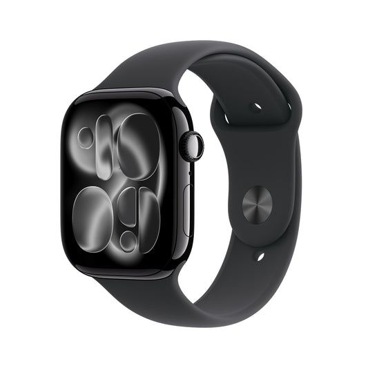 1. Front slight left display view of the Apple Watch Series 11 GPS 42mm Jet Black Aluminium Case with Black Sport Band S/M available at Tradeline.
