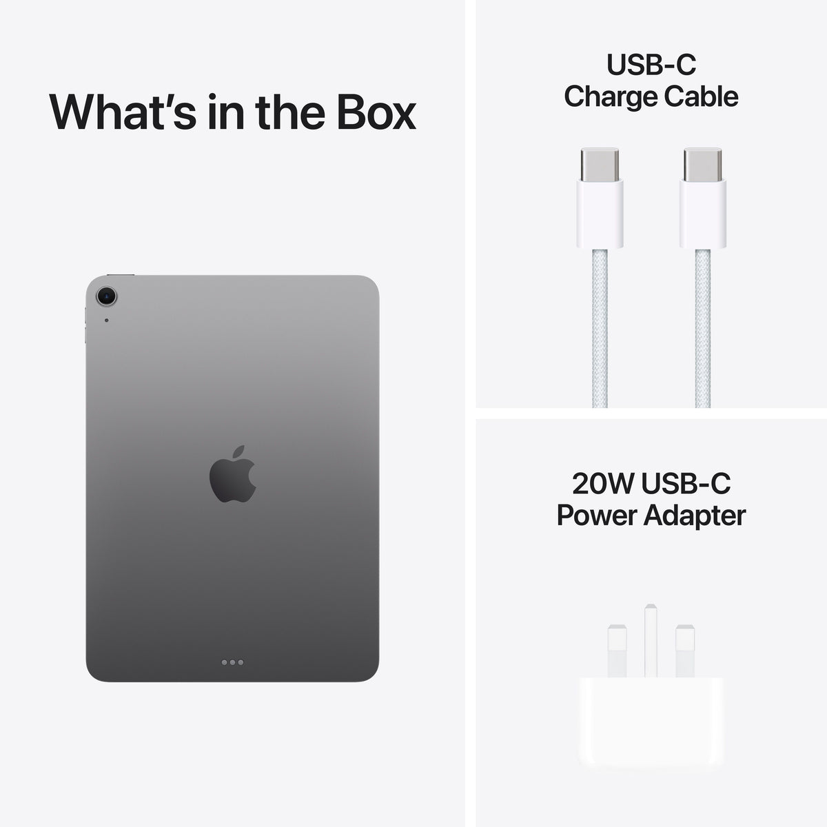 In-box content showing the cable and adapter for the 11-inch iPad Air Wi-Fi 256GB Space Grey M4 at Tradeline.
