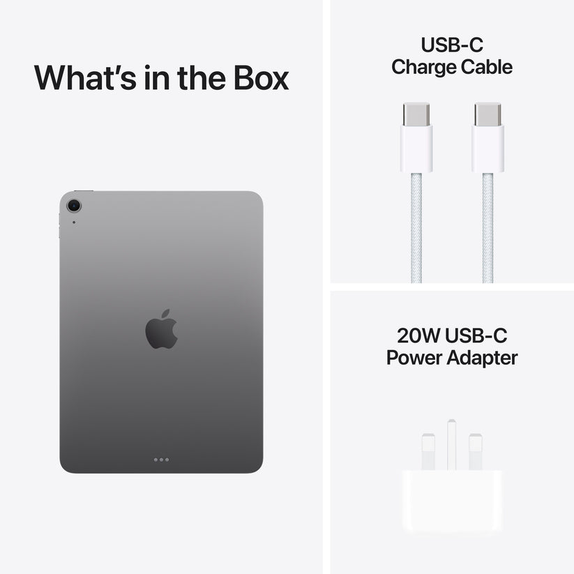 In-box content showing the cable and adapter for the 11-inch iPad Air Wi-Fi 256GB Space Grey M4 at Tradeline.
