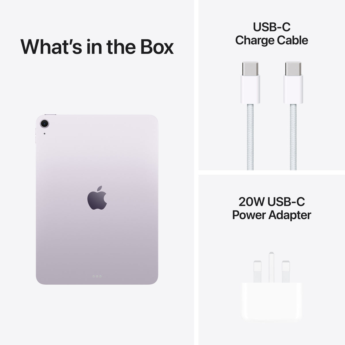 In-box content showing the cable and adapter for the 11-inch iPad Air Wi-Fi 512GB Purple M4 at Tradeline.