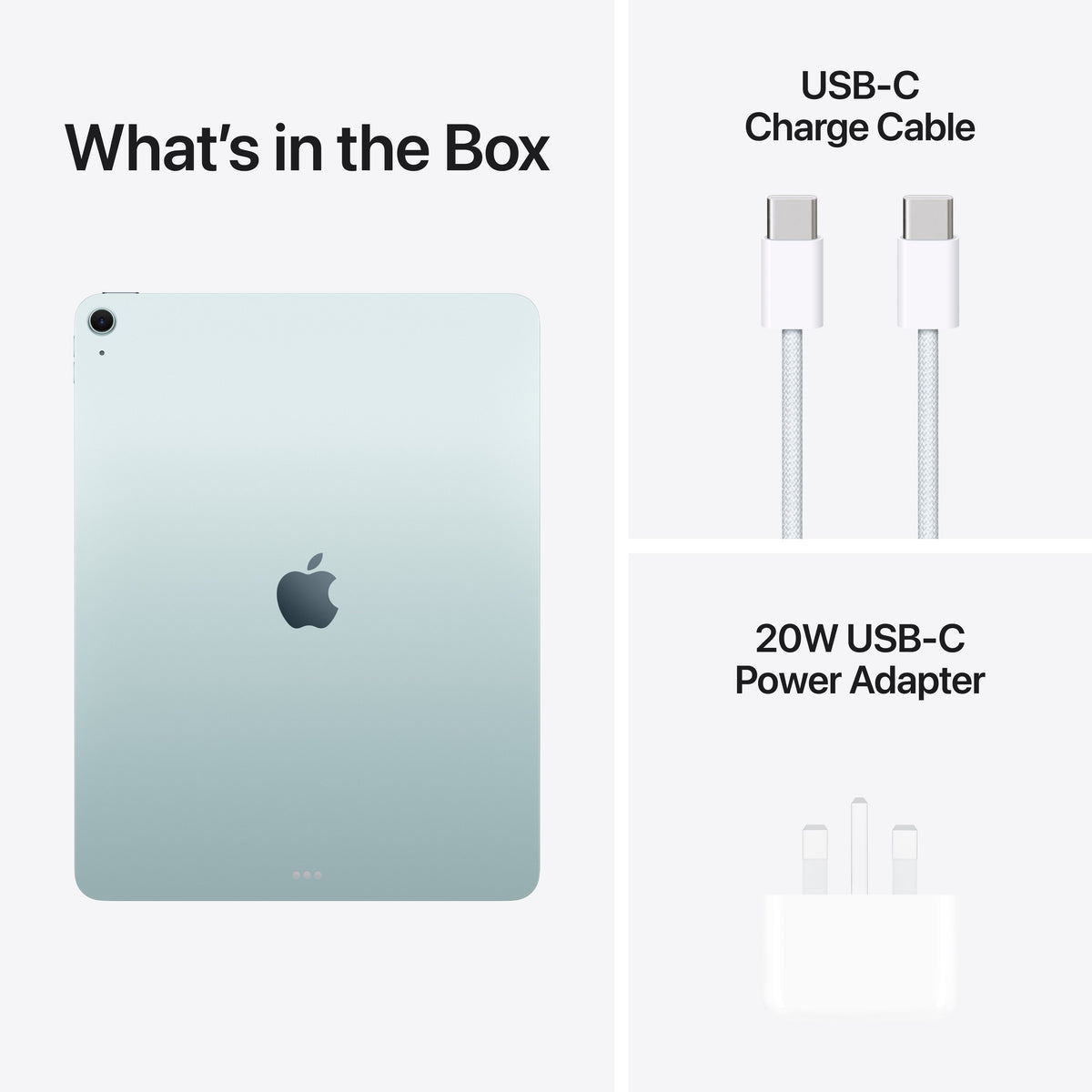 In-box content showing the cable and adapter for the 13-inch iPad Air Wi-Fi 128GB Blue M4 at Tradeline.
