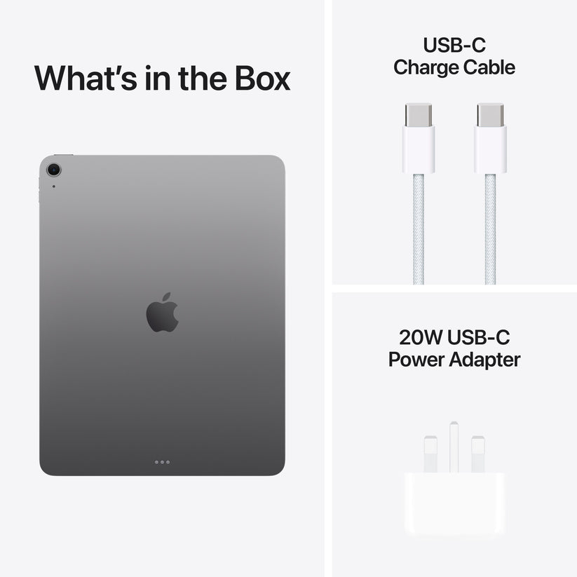 In-box content showing the cable and adapter for the 13-inch iPad Air Wi-Fi 128GB Space Grey M4 at Tradeline.
