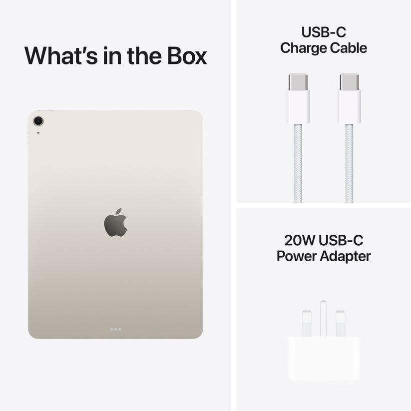 In-box content showing the cable and adapter for the 13-inch iPad Air Wi-Fi 128GB Starlight M4 at Tradeline.