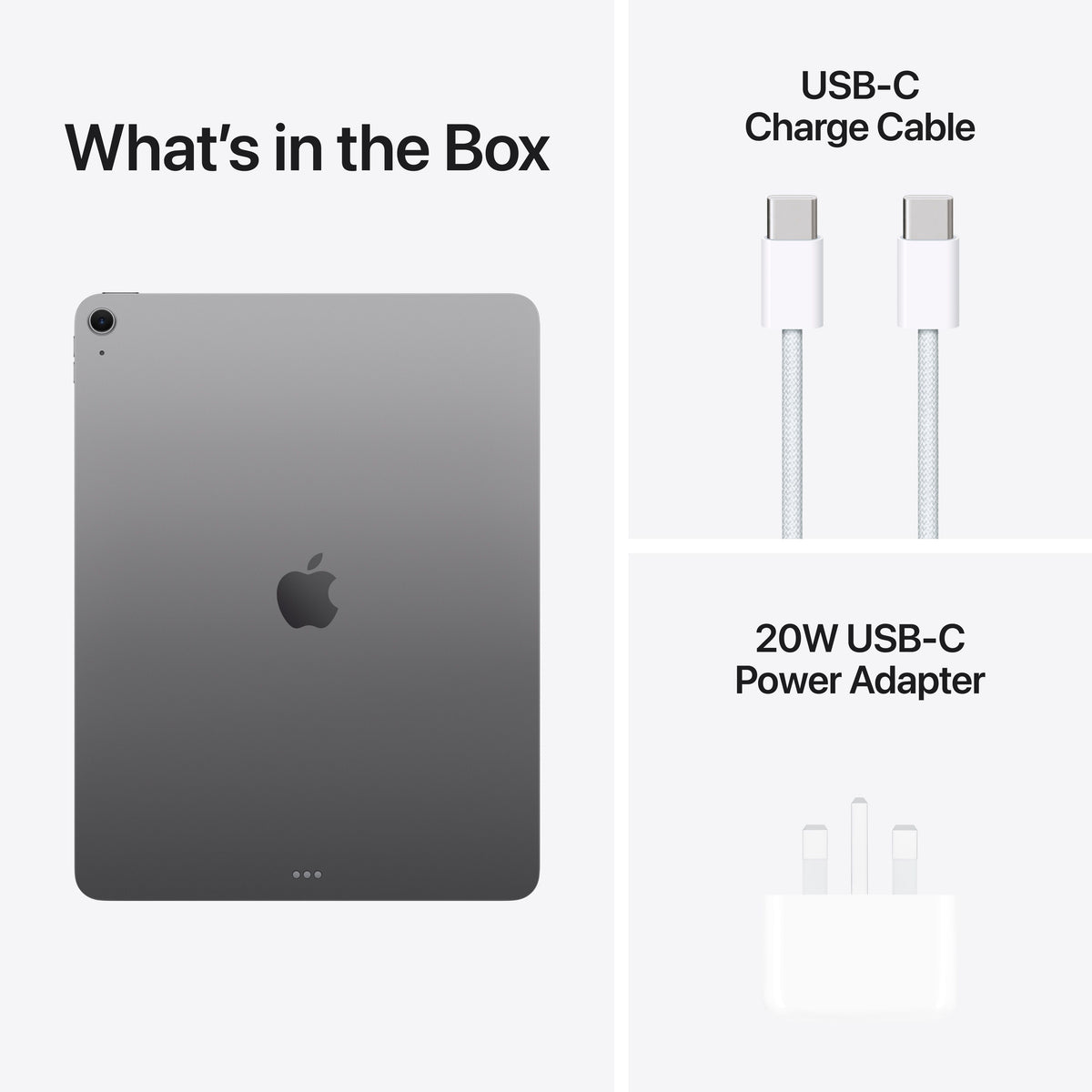 In-box content showing the cable and adapter for the 13-inch iPad Air Wi-Fi 1TB Space Grey M4 at Tradeline.
