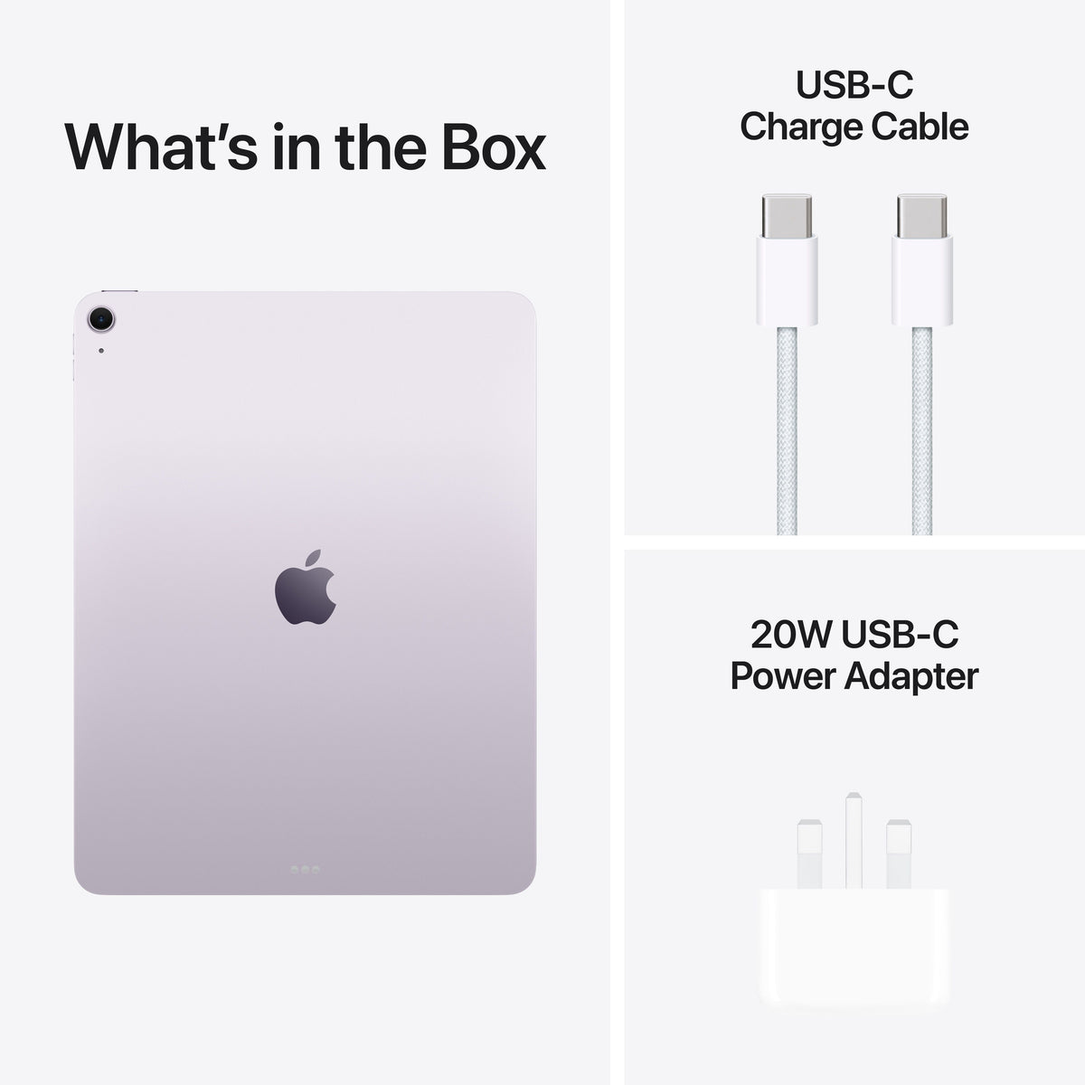 In-box content showing the cable and adapter for the 13-inch iPad Air Wi-Fi 256GB Purple M4 at Tradeline.