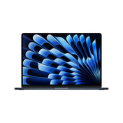 15-inch MacBook Air Midnight in front view featuring Apple M5 chip and vibrant blue display wallpaper
