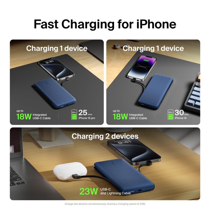 Belkin BoostCharge Plus 10K USB-C Power Bank with Integrated Cables - Blue