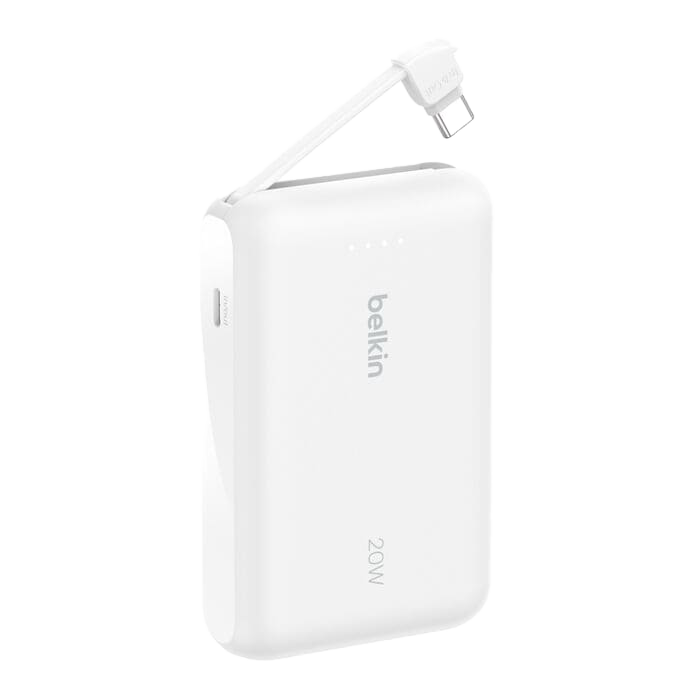 باور بنك Belkin BoostCharge بسعة 10,000 مللي أمبير مع كابل USB-C مدمج بقدرة 20 واط - أبيض